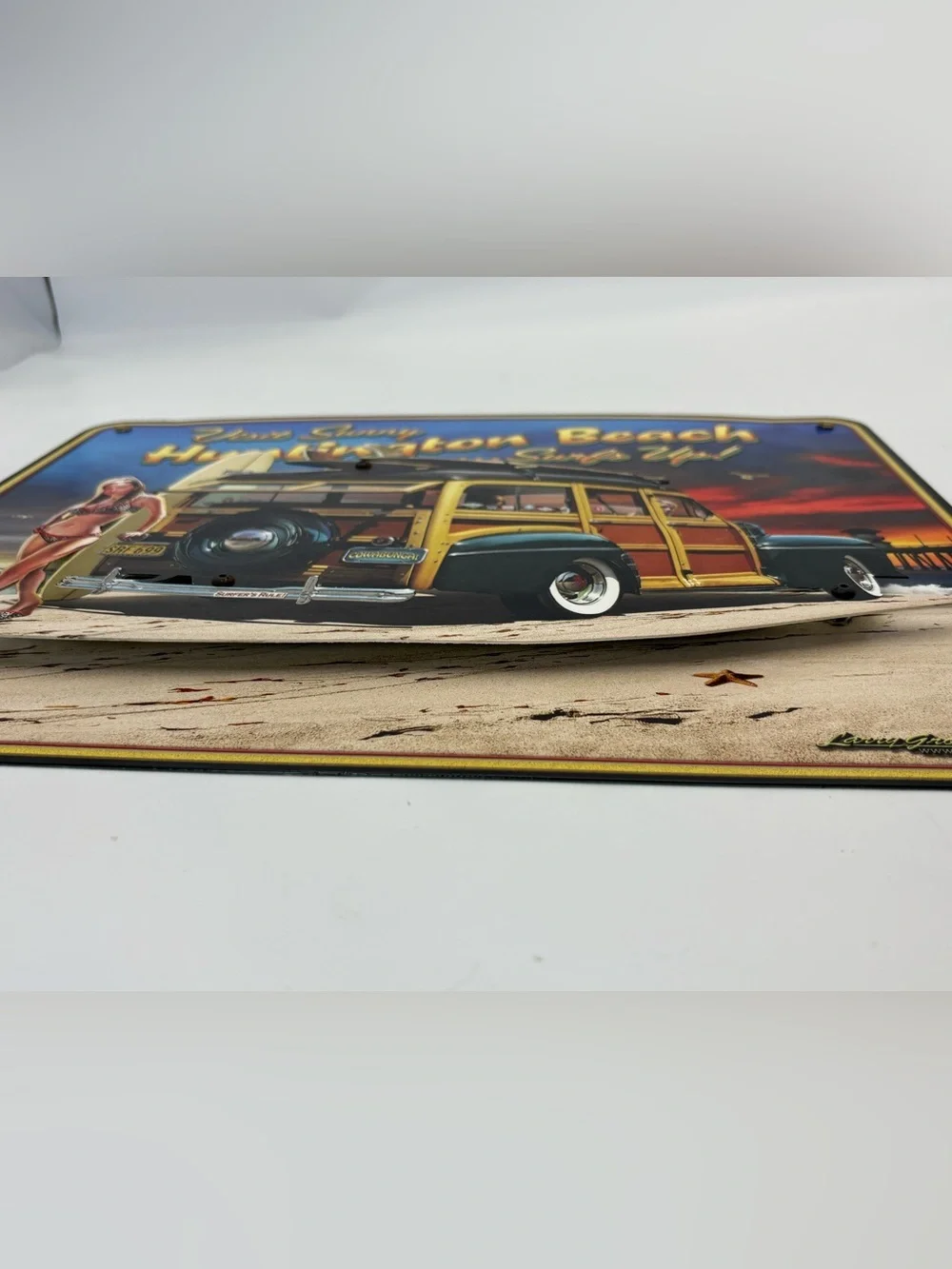 3-D Visit Sunny Huntington Beach Surfs Up Metal Sign - Woody Surfboard Art Print